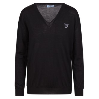Prada Embroidered Logo V-Neck Sweater 48