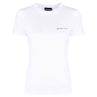 JACQUEMUS T-shirt bianca in cotone biologico con logo Jacquemus nero ricamato