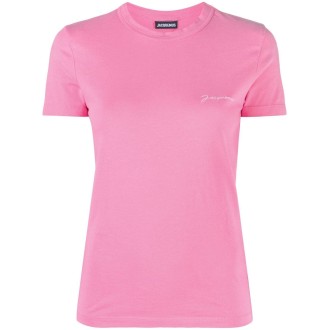 JACQUEMUS t-shirt rosa a maniche corte in cotone logo Jacquemus bianco sul petto