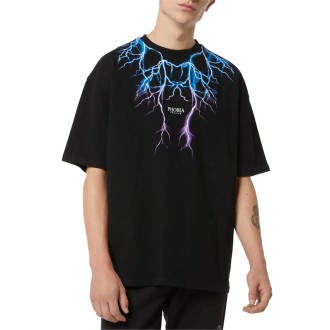 BLACK T-SHIRT WITH BLUE AND PURPLE LIGHT ON FRONT