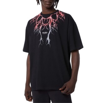 BLACK T-SHIRT WITH RED AND GREY LIGHTNING ON FRONT