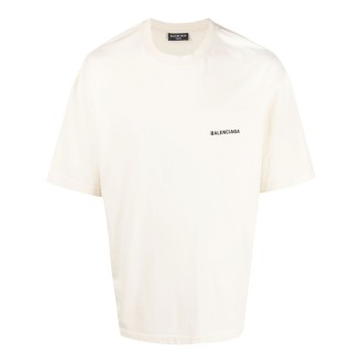 BALENCIAGA T-shirt in cotone bianco panna con logo Balenciaga sul petto
