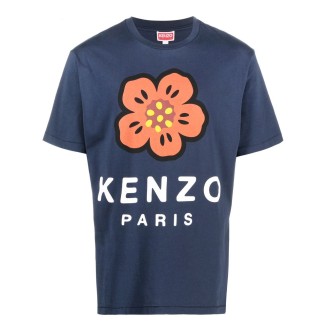 KENZO T-shirt a maniche corte in cotone blu navy con stampa Poppy