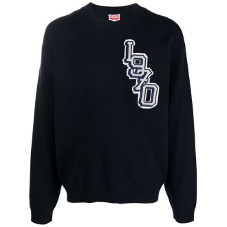 KENZO maglione blu in cotone e lana con logo 