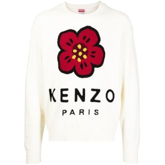 KENZO maglia bianca in lana con stampa floreale Kenzo rossa e nera