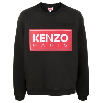 KENZO felpa girocollo nera in cotone con logo Kenzo rosso ricamato