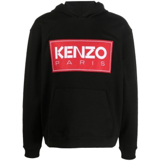 KENZO felpa con cappuccio nera in cotone con logo Kenzo rosso