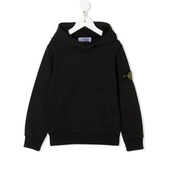STONE ISLAND JUNIOR Felpa Nera Kids Con Cappuccio e Badge Logo