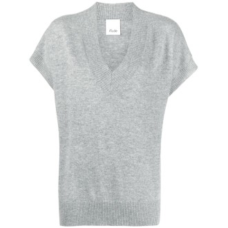 ALLUDE top grigio con scollo a V in maglia di lana vergine e cachemire
