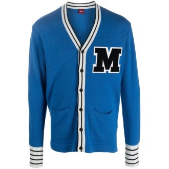 MANUEL RITZ cardigan blu oceano e bianco in lana e cachemere con scollo a V