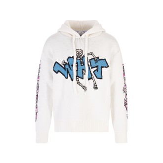 OFF-WHITE Maglia Uomo Bianca Con Cappuccio e Intarsi Multicolore