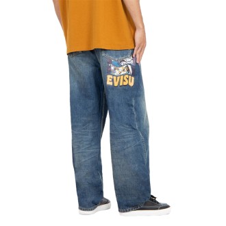 FORTUNE CAT AND DARUMA PRINT RELAX-FIT JEANS INDIGO DARK TONE