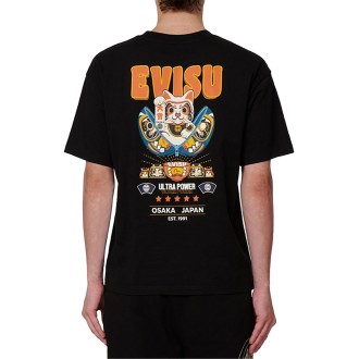 ZIP-UP DARUMA AND FORTUNE CAT PRINT T-SHIRT BLACK