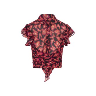 MSGM Camicia Crop Nero Con Stampa Farfalle Rossa