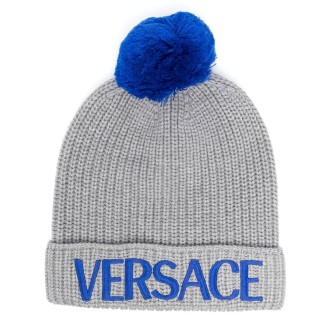 VERSACE Berretto in lana grigia e blu royal con logo Versace ricamato
