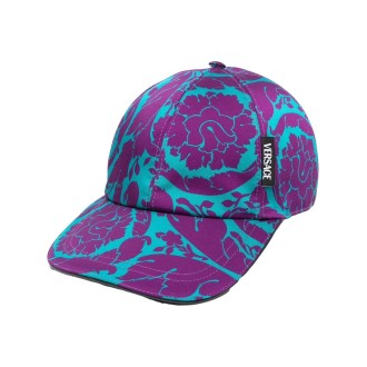 VERSACE Cappello con stampa floreale all-over in cotone viola uva e blu petrolio