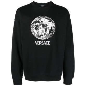 VERSACE felpa in cotone nero con stampa motivo Testa di Medusa bianca