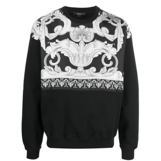 VERSACE felpa nera in cotone con stampa barocca bianca