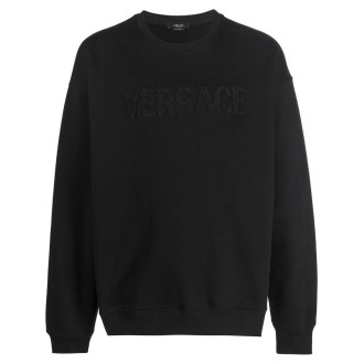 VERSACE felpa girocollo in cotone nero con logo Versace ricamato