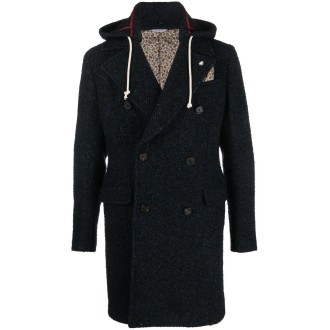 MANUEL RITZ Cappotto doppiopetto in lana blu navy con stampa chevron
