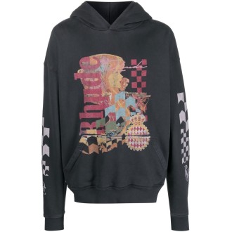 RHUDE felpa con cappuccio in cotone nero con stampa grafica rossa