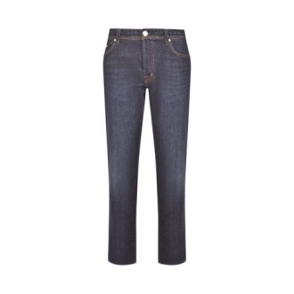 Jeans di Tramarossa da uomo, colore blu scuro. Modello Leonardo con 5 tasche e patta con bottoni. Caratterizzato dall'unione tra il cotone e il cashmere. Viene venduto con letterine in Edizione Classica incluse. Vestibilità slim. 