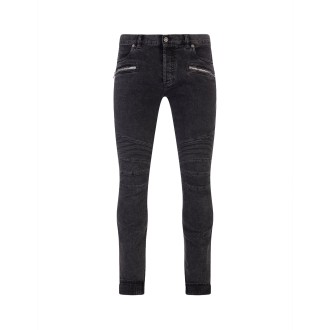 BALMAIN Jeans Slim Nero Con Increspature e Orlo Monogramma