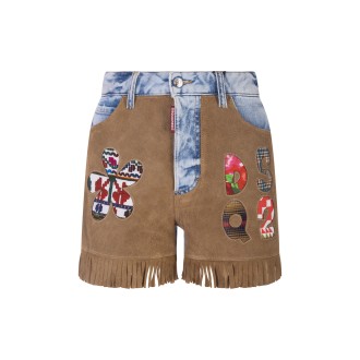 DSQUARED2 Shorts In Denim e Suede Con Patches e Finto Frange