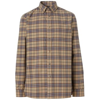 BURBERRY Camicia button-down marrone orzo e beige mandorla in cotone