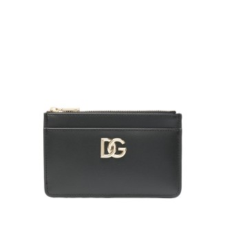 DOLCE & GABBANA portacarte con cerniera in pelle di vitello nera e logo DG dorato