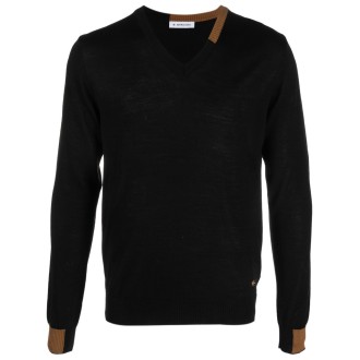MANUEL RITZ maglia nera in lana merino con scollo a V marrone a contrasto