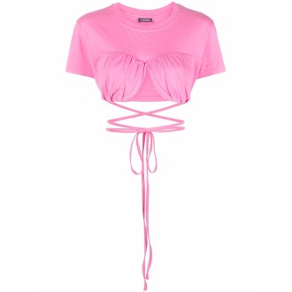 JACQUEMUS T-shirt cropped avvolgente in cotone biologico rosa brillante
