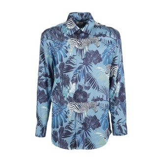Camicia di Etro, da uomo, colore azzurro. Modello realizzato in cotone, decorato da una stampa foliage in stile grafico con zebre. Caratterizzato da colletto classico e polsini con doppio bottone. Chiusura a bottoni. Vestibilità over. 