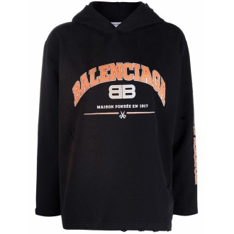 BALENCIAGA Felpa con cappuccio nera in cotone con effetto invecchiato e strappato