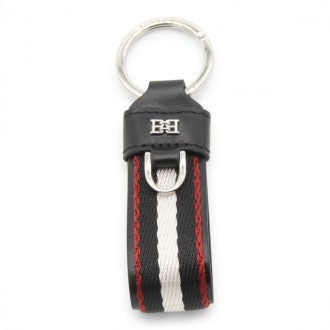 Bally - Black Red And White Leather Baron Striped Keyring