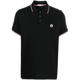 MONCLER polo nera in cotone con patch logo Moncler