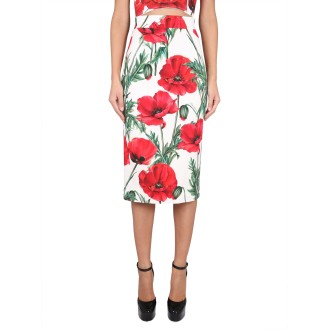 dolce & gabbana poppy print longuette skirt