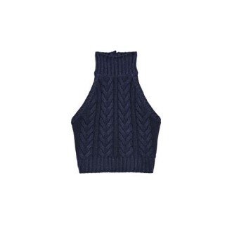 Top STALLO di Max Mara, da donna, colore blu. Modello smanicato, realizzato in morbido cordonetto di puro cotone. Caratterizzato da motivo a trecce, scollo all'americana con ampia scollatura sul retro. Chiusura con bottoni sul retro del collo. Vestibilità