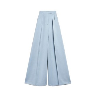 Pantalone MIMMA di Max Mara, da donna, colore azzurro. Modello a vita alta, realizzato in doppio cotone crepe lavato. Caratterizzato da gamba ampia, tasche a sbieco e tasche a filetto con bottone sul retro. Chiusura con listino alto in vita, zip nascosta 