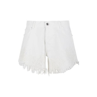 Shorts di Ermanno Firenze, da donna, colore bianco. Modello a vita alta, tinta unita con ricamo tono su tono. Fondo con frange. Chiusura con bottone e zip. Vestibilià aderente. 