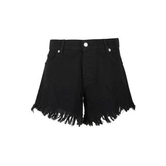 Shorts di Ermanno Firenze, da donna, colore nero. Modello a vita alta, tinta unita con ricamo tono su tono. Fondo con frange. Chiusura con bottone e zip. Vestibilià aderente. 