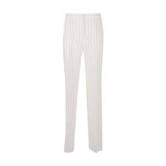 Pantalone POPOLI di Max Mara, da donna, colore bianco. Modello d'ispirazione maschile realizzato in batavia di puro lino con motivo gessato. Sfoderato con tasche a sbieco. Chiusura con listino alto in vita, patta con zip e gancetto. Vestibilità regol