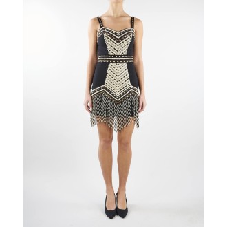 ELISABETTA FRANCHI Miniabito con ricamo etnico e frangia bicolor Elisabetta Franchi