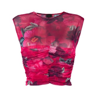 PINKO top rosa fucsia con stampa floreale trasparente