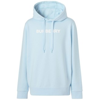 BURBERRY felpa con cappuccio in cotone azzurro con logo Burberry bianco