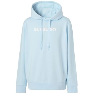 BURBERRY felpa con cappuccio in cotone azzurro con logo Burberry bianco