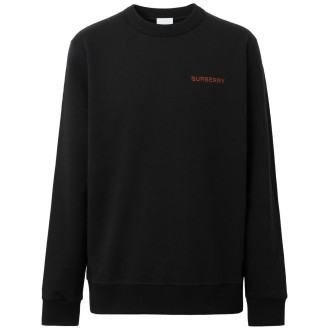 BURBERRY felpa girocollo in cotone nero con logo Burberry ricamato