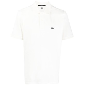 C.P. COMPANY polo bianca in cotone tramato piqué con logo CP Company nero