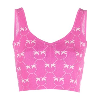 PINKO top rosa smanicato e cropped con logo Pinko all over