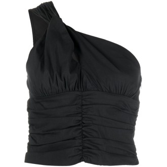 PINKO top corto nero monospalla in cotone arricciato con dettaglio a torsione